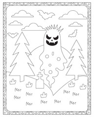 Halloween Coloring Pages for kids, Halloween Ghost Coloring pages for kids, Halloween illustration, Halloween Vector, Black and white 