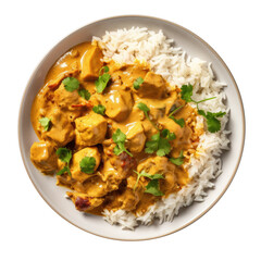 Fototapeta na wymiar Delicious Plate of Indian Chicken Korma Curry and Rice Isolated on a Transparent Background