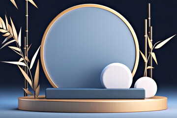 Podium mockup, display stand, platform, pedestal, stage or scene. Studio, podium, product presentation stand. Generative AI Blue grey and white circular shapes with golden rim and bamboo leaves.