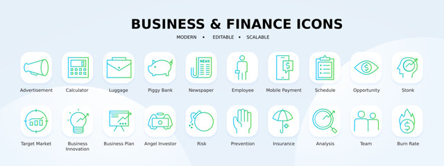Business and Finance icons collection with green and blue gradient outline style. money, banking, payment, management, investment, marketing, savings, growth. Vector illustration