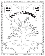 Halloween Coloring Pages for kids, Halloween Ghost Coloring pages for kids, Halloween illustration, Halloween Vector, Black and white 