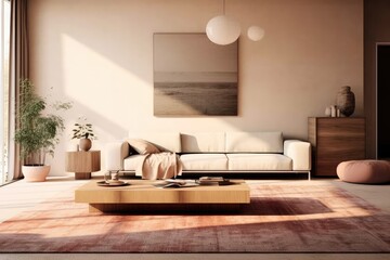 Warm Minimalist Living Room with Blush Rug and Low Coffee Table