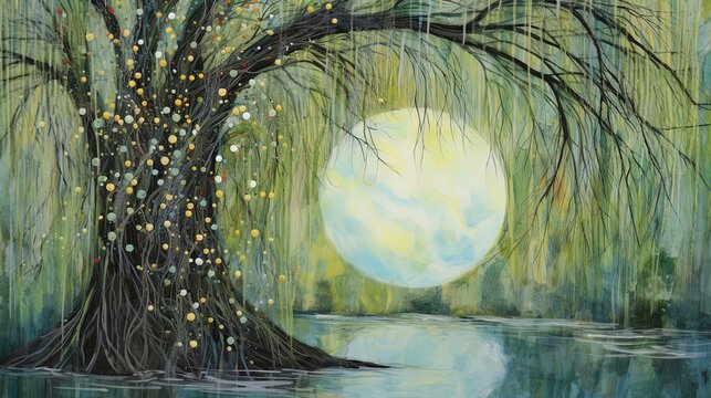 Moon, tree and water fantasy background for beautiful cards and dreamy scene. Green light nature illustration of a poud. Yellow and green forest mood with lake. Wallpaper. Illustration.