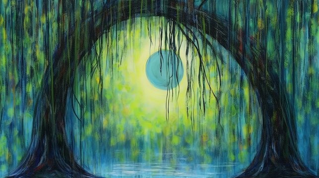 Moon, tree and water fantasy background for beautiful cards and dreamy scene. Green light nature illustration of a poud. Yellow and green forest mood with lake. Wallpaper. Illustration.