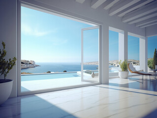 Obraz na płótnie Canvas Sea view through panoramic windows of modern villa