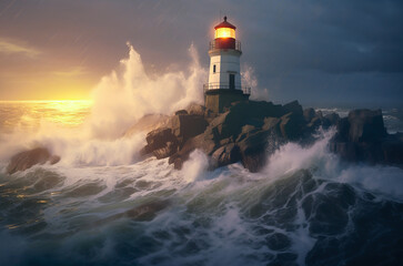 Naklejka na ściany i meble Lighthouse on a rock in the sea against the background of clouds and storm