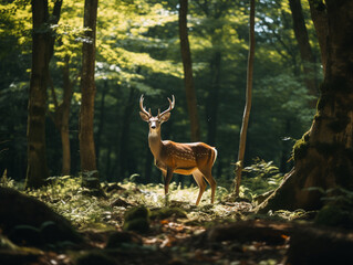 Image of an adult wild deer in nature. Free to find food in the forest without interference from humans.
