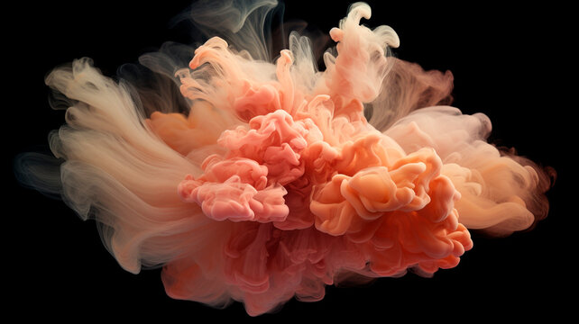 Creamy peach multi colored smoke puff cloud design elements on a dark background. Generative AI