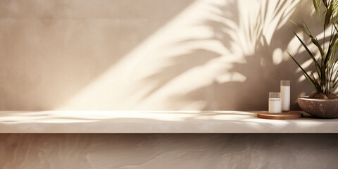 Contemporary, vacant pastel brown concrete tabletop bathed in sunlight adorned with palm leaf shadows against textured stucco wall—a perfect backdrop for showcasing luxury organic cosmetics, skincare