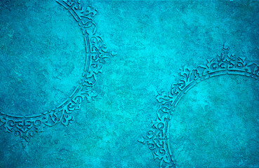 Blue background of decorative plaster with abstract spots. Unusual texture of this wall with beautiful patterns, creative surface background. Finishing coating for building cladding.