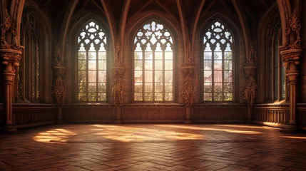 Photo sur Plexiglas Vielles portes abstract renaissance empty big hall dark gothic light and smoke room