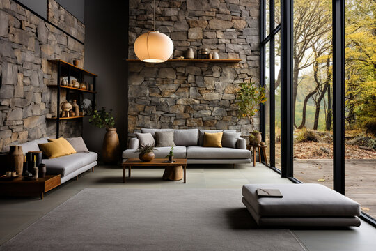 illustration of a mothern living room with a fireplace and sofa, with stone walls and large windows in a forest in the middle of nature.
