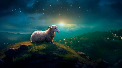 Fototapeta premium Eid ul Adha serenity one Sheep basking in the night's tranquility on a hill. Generative AI