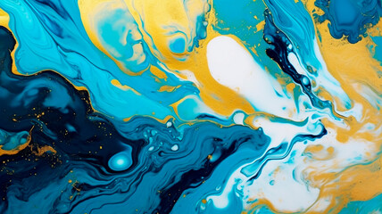 Elegant Marbling Wallpaper. Liquid Swirls in Beautiful Teal and Blue colors, with Gold Powder. Generative AI