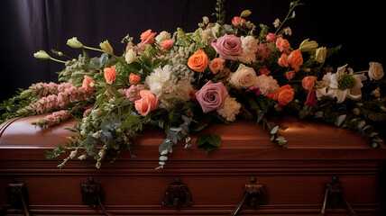 Flowers on a coffin in the funeral services. Generative AI