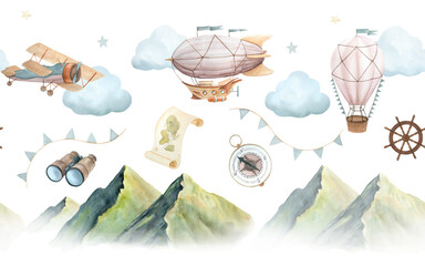 Seamless banner with watercolor illustration of picturesque green mountains and vintage plane, hot air balloon and airship with clouds isolated © dakora