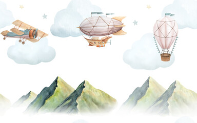 Seamless banner with watercolor illustration of picturesque green mountains and vintage plane, hot air balloon and airship with clouds isolated © dakora