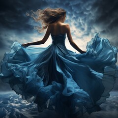 sensual nymph on a stormy day with air. The flowing blue dress sways in the wind