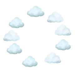 Watercolor wreath or circle with vintage cute fairy tale cartoon clouds with watercolor texture isolated on white background