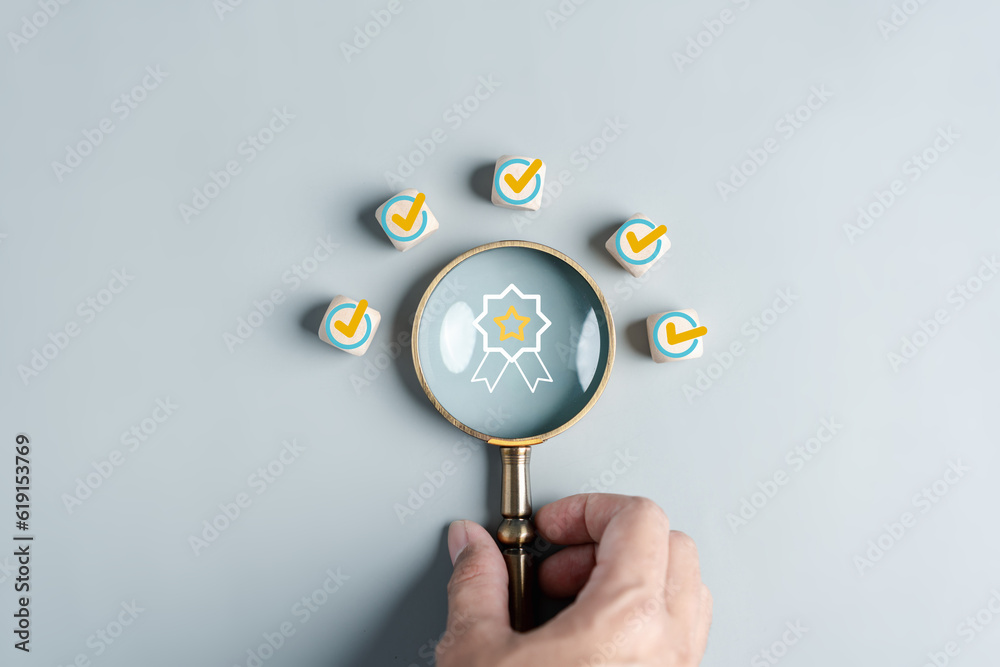 Aufkleber Checklist Quality management with Quality Control Guarantee objective and improvement. Standardization, certification. Compliance to regulations service and standards.