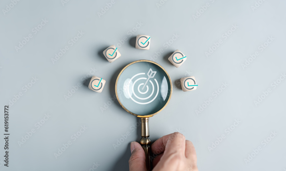 Aufkleber checklist quality management with quality control goal target objective and improvement. standardiza