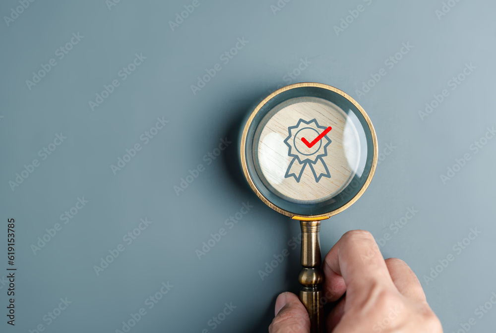 Aufkleber Checklist Quality management with Quality Control Guarantee objective and improvement. Standardization, certification. Compliance to regulations service and standards.