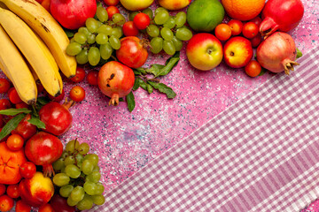 top view fresh fruit composition colorful fruits on the pink background fruit fresh mellow color tree ripe