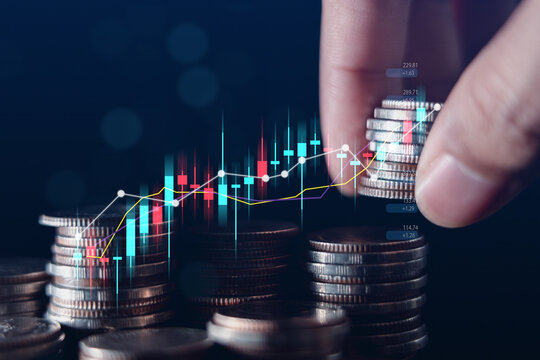 Business finance and investment concept, Capital gain world money economic growth. coin stack financial graph chart, market report on cash currency concept.