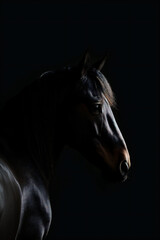 Portrait of a dark horse with minimal lighting on a black background. Generative ai.