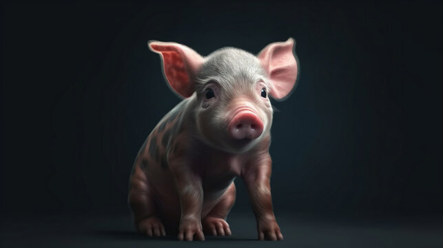 A Young White Pig (piglet) In A Studio Shot Standing On A Dark Background. Generative Ai.