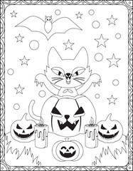 Halloween Coloring Pages,Halloween Cat Coloring pages for kids, Halloween illustration, Halloween Vector, Black and white, Cat illustation
