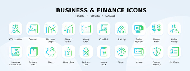 Fototapeta na wymiar Business and Finance icons collection with green and blue gradient outline style. money, bank, payment, commerce, collection, management, credit. Vector illustration