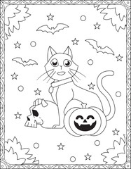 Halloween Coloring Pages,Halloween Cat Coloring pages for kids, Halloween illustration, Halloween Vector, Black and white, Cat illustation
