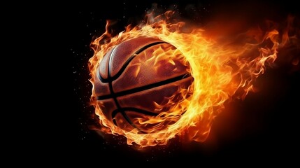 Flying basketball in flames background, 3D illustration, Ai Generative 