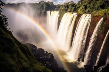 Fototapeta premium Majestic combination of a waterfall and a vibrant rainbow. Generative AI