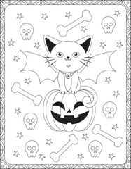 Halloween Coloring Pages,Halloween Cat Coloring pages for kids, Halloween illustration, Halloween Vector, Black and white, Cat illustation

