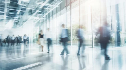 Foto op Plexiglas motion blur image of business people crowd walking at corporate office in city downtown, blurred background, business center concept, Generative AI © Vittaya_25