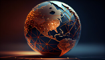 Abstract globe focusing on North America, illustrating technology and economy concept, representing interconnected digital and financial networks Ai generated image