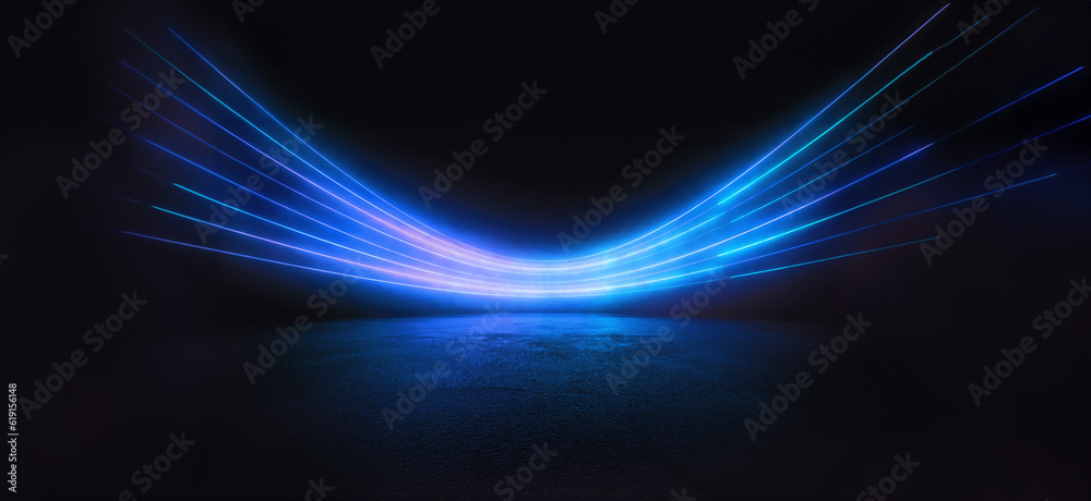Wall mural abstract light blue lines on black background illuminate textured ground. dynamic curves and blues p