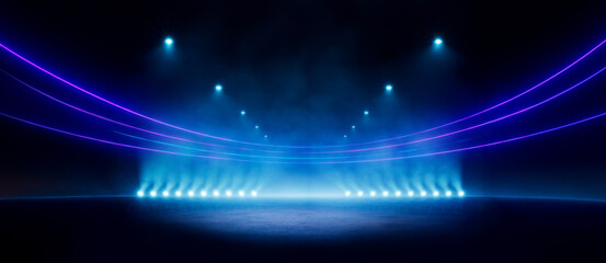 Abstract blue neon stadium background illuminated with lamps on ground. Science, product and sports technology background