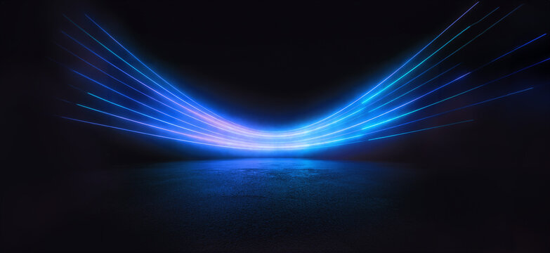 Abstract light blue lines on black background illuminate textured ground. Dynamic curves and blues pattern. Detailed fractal graphics. Science and technology concept