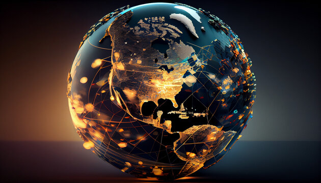 Abstract globe focusing on North America, illustrating technology and economy concept, representing interconnected digital and financial networks Ai generated image