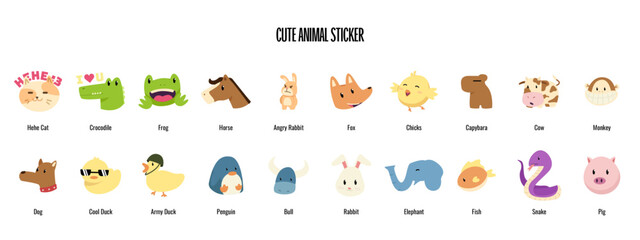Cute animal stickers collection with full color style. cartoon, animal, funny, character, baby, happy, art. Vector illustration
