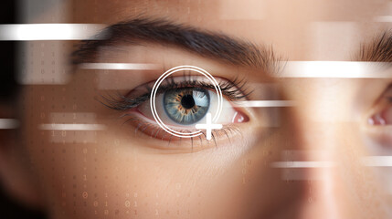 Contact lens health week concept: Close up of woman blue eye with contact lens symbol. Healthy contact lens hygiene practices