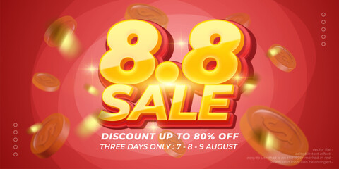 Vector 8.8 sale banner with 3D style editable text effect
