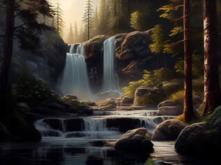 Forest landscape with a mountain river and a waterfall on it. Generative AI