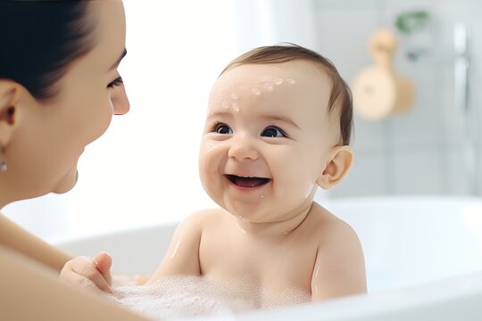 Tender moments in the bath: Mother's love and care. Generative AI