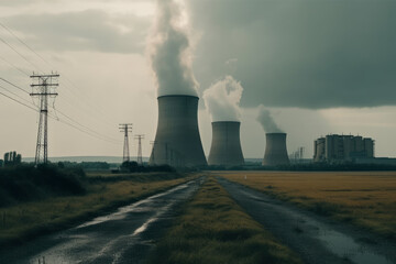 Fototapeta na wymiar Nuclear power plant and cooling towers, AI Generated
