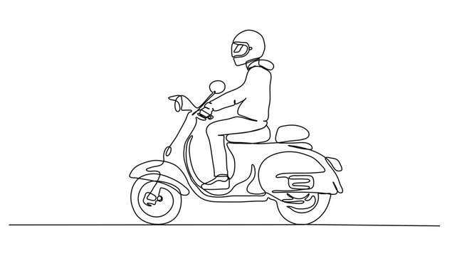 continuos lineart of man riding a bike Scooter using driving safety for minimalist illustration vector of vehicle