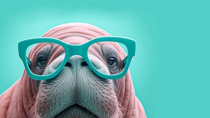 banner for optics With  fur seal with glasses on a blue background. concept of sale of sunglasses. Template for an advertising banner. Generated by AI